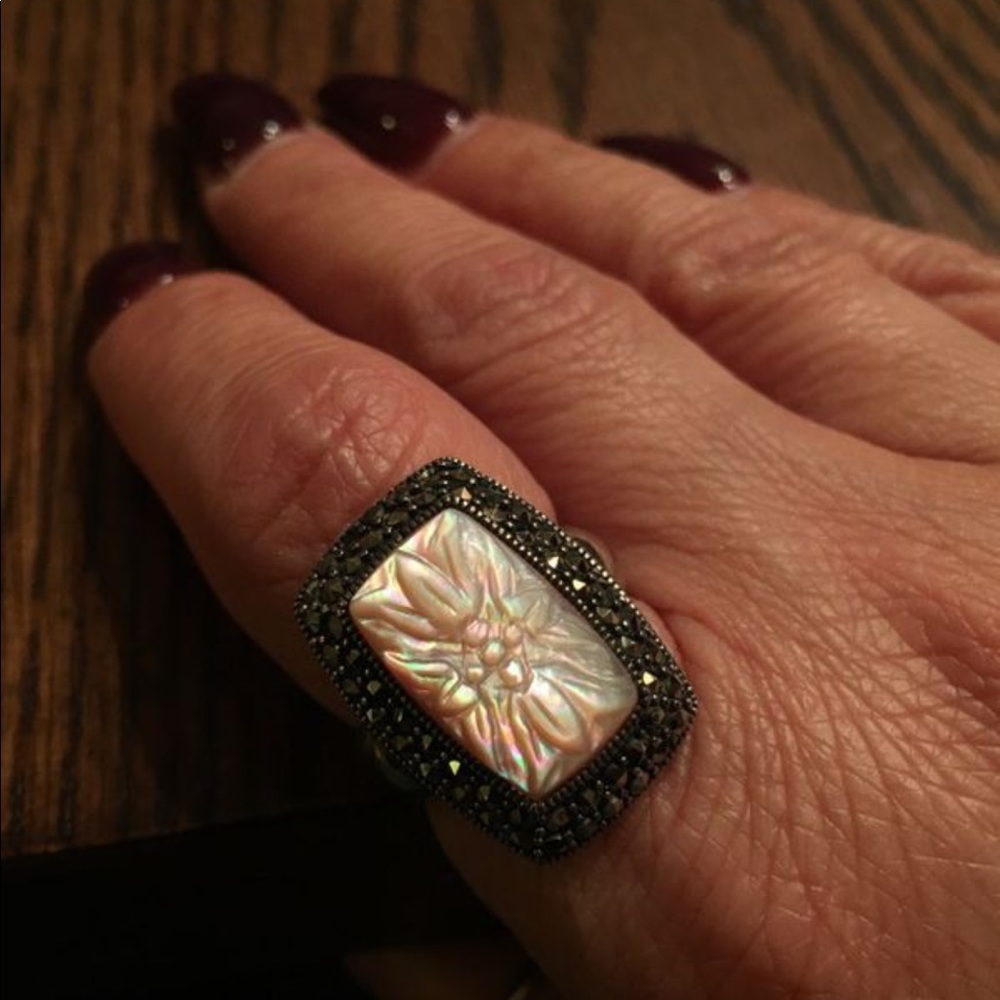 Stamped sterling silver ring with pink pearl